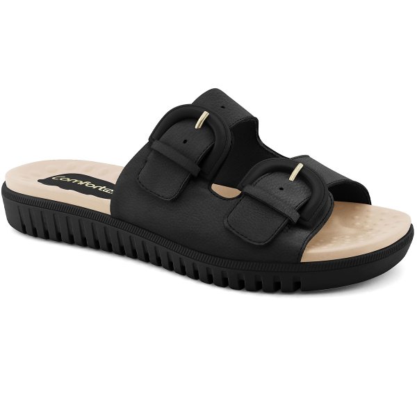 Chinelo Comfortflex Couro Feminino Soft/Preto